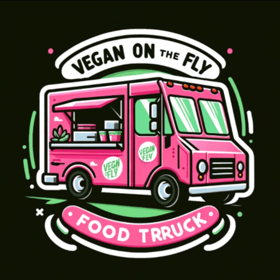 Cartoon illustration of a pink Vegan On The Fly food truck with green accents on a black background.