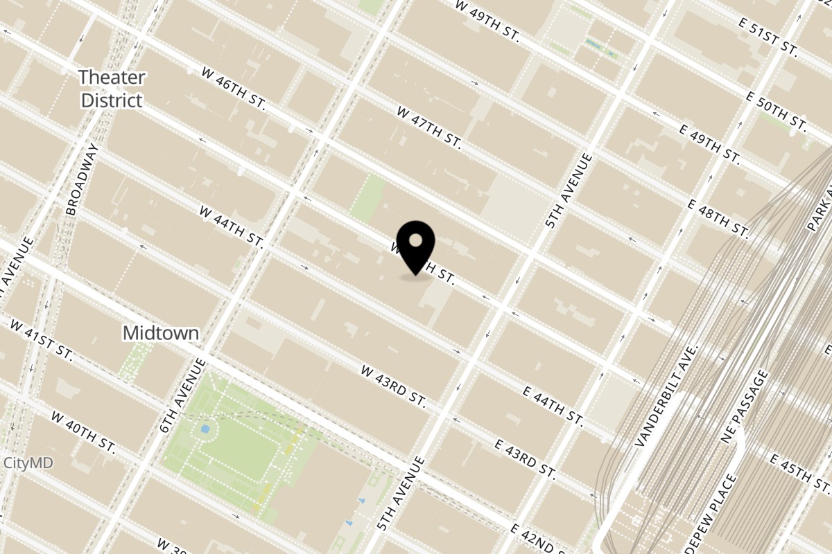 Map showing the location of Vegan On The Fly on 24 W 45th St in New York